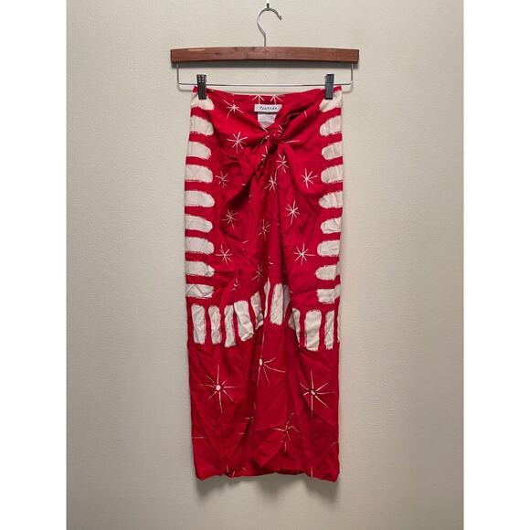 Women Maxi Wrap Skirt Size 6 Red Abstract Print Lightweight Art to Wear Boho Y2K - Picture 1 of 7